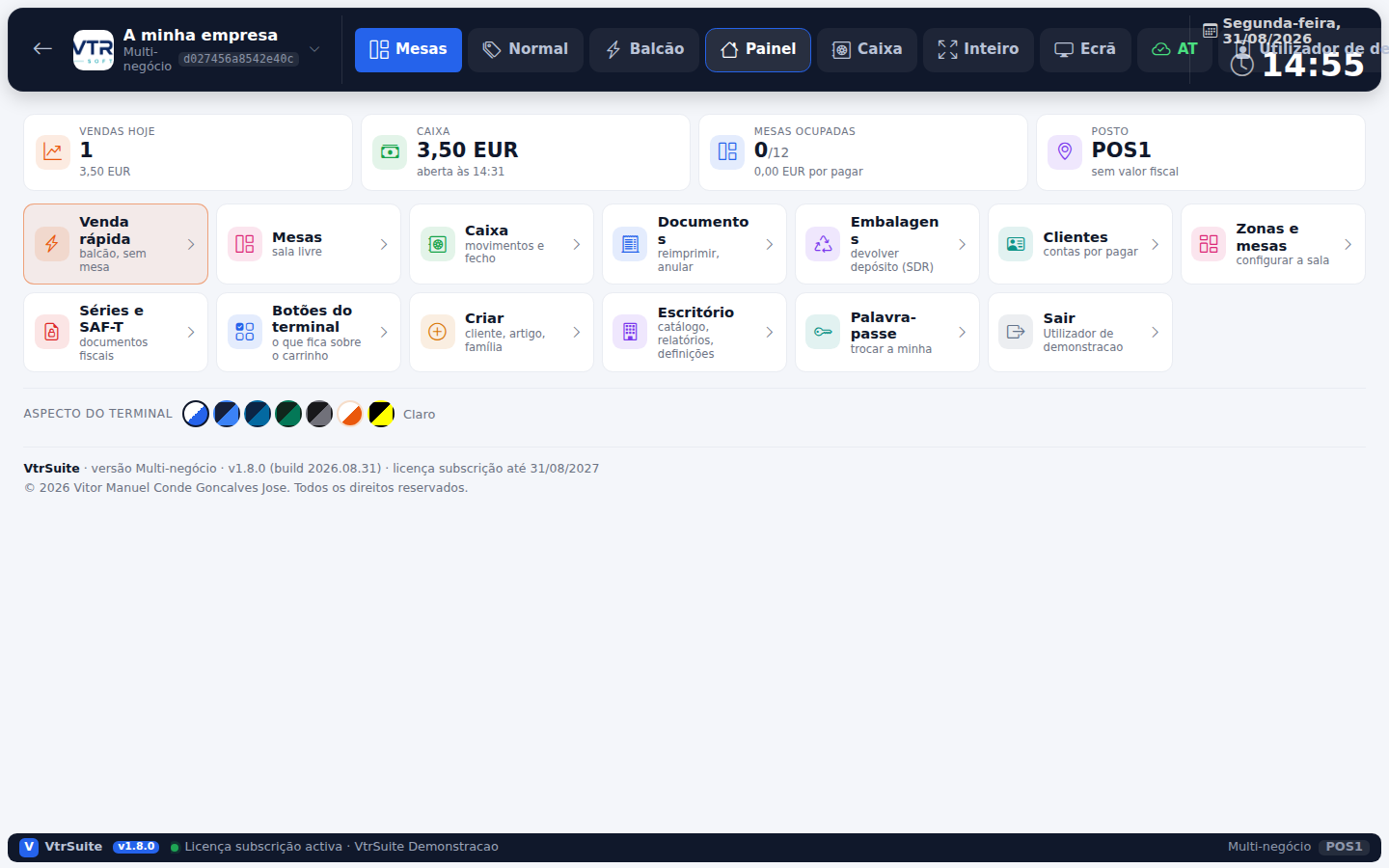 Painel VtrSuite com vendas, caixa, mesas, documentos e clientes